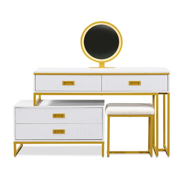 Modern Style Vanity Table With Movable Side Cabinet And 4-Drawers, Large Size Dressing Table With Mirror and 3-colors LED Light, Makeup Table With Stool, White, Golden Legs