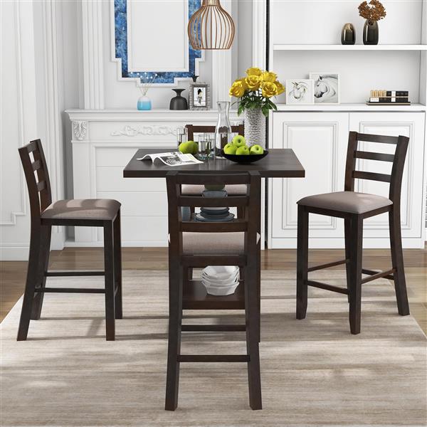 5-Piece Wooden Counter Height Dining Set with Padded Chairs and Storage Shelving (Espresso)