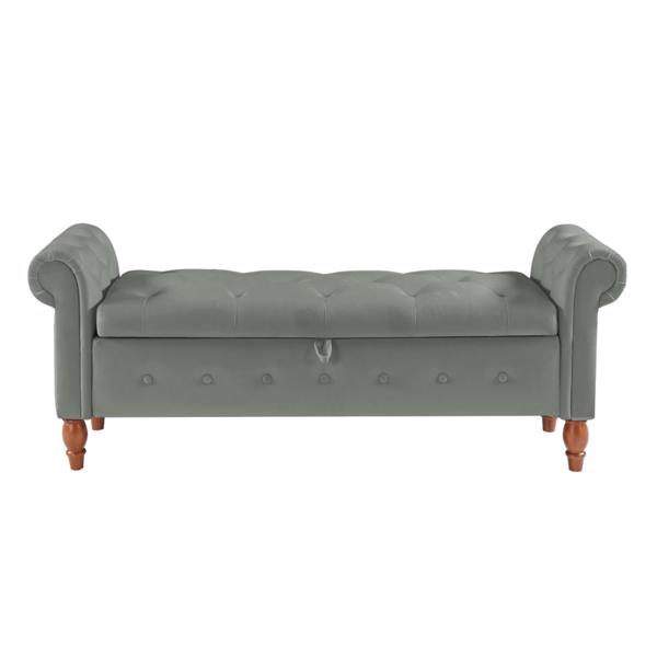 Grey, Solid Wood Legs, Velvet Bedroom End of Bed Storage Bench, Rolled Side Sofa Bench, Toy Storage Bench