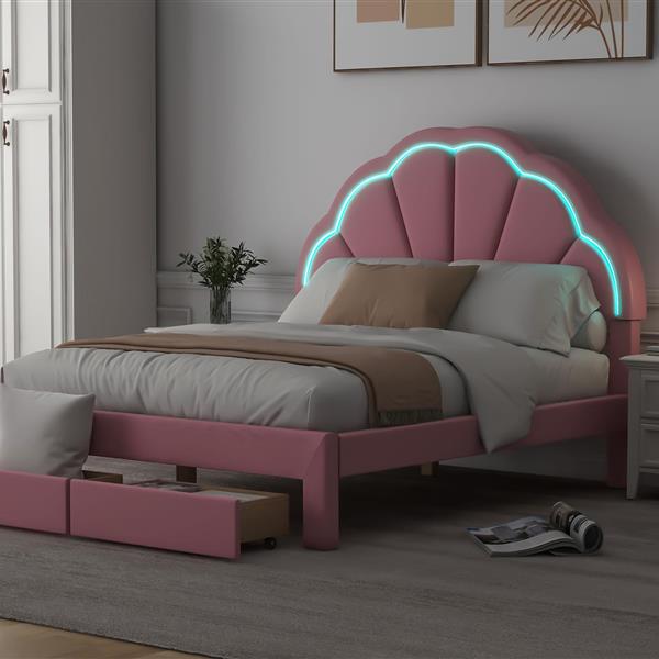 Full Size Upholstered Platform Bed with Seashell Shaped Headboard, LED and 2 Drawers, Pink