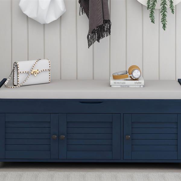 Storage Bench with 3 Shutter-shaped Doors, Shoe Bench with Removable Cushion and Hidden Storage Space (Antique Navy)