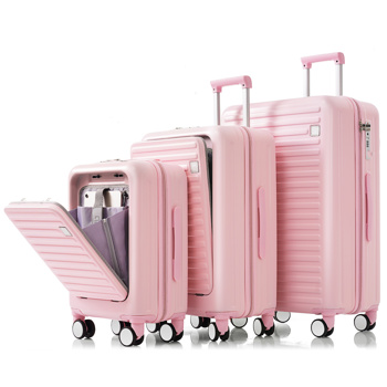 Luggage Set of 3, 20, 24, 28inch with USB Port, 20, 24inch with front opening design Airline Certified Carry on Luggage with Cup Holder, ABS Hard Shell Luggage with Spinner Wheels, pink