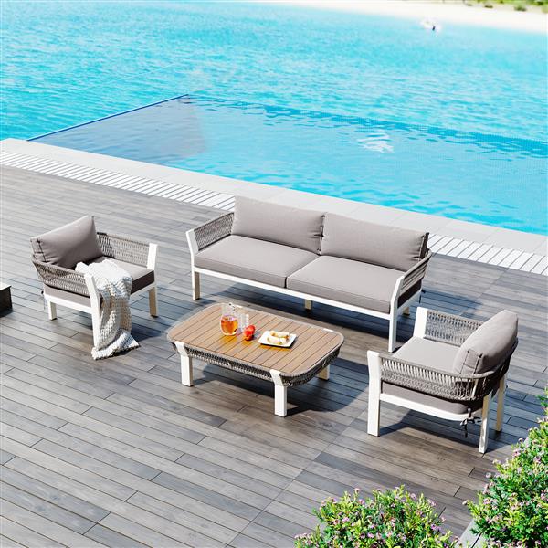 4-Piece Outdoor Patio Conversation Set with Coffee Table and Soft Waterproof Cushions for Garden, Poolside and Backyard(Brown Rope+Brown Gray Cushion)