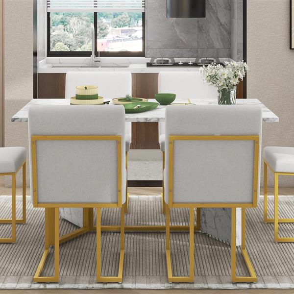 7-Piece Modern Dining Table Set, Artificial Marble Sticker Tabletop and 6 Upholstered Linen Chair All with lden Steel Legs for Dining Room and Kitchen (White + ld)