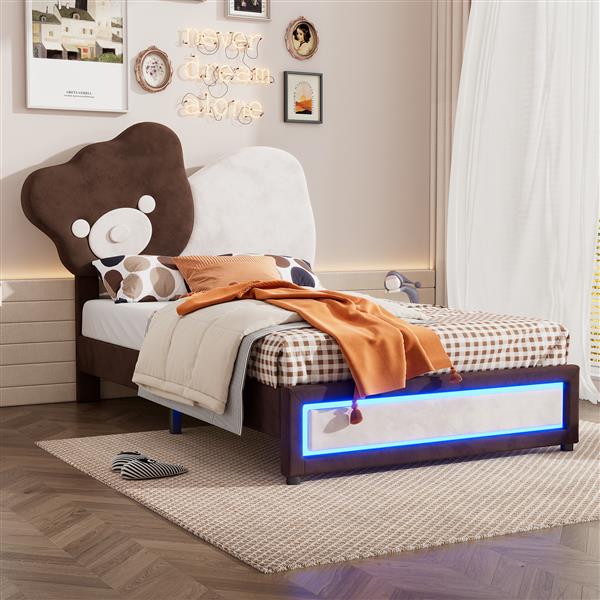 Twin Size Upholstered Platform Bed with Bear Shaped Headboard, LED Light Strips, White + Brown