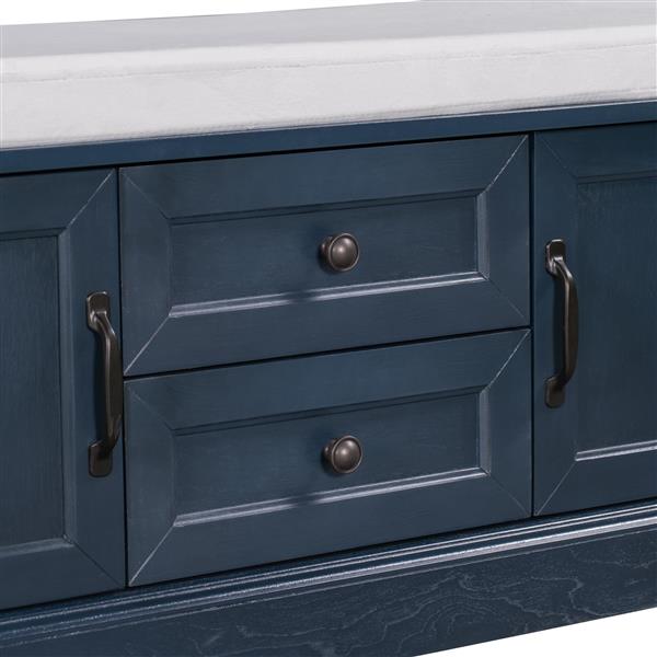 Storage Bench with 2 Drawers and 2 Cabinets, Shoe Bench with Removable Cushion for Living Room, Entryway (Antique Navy)