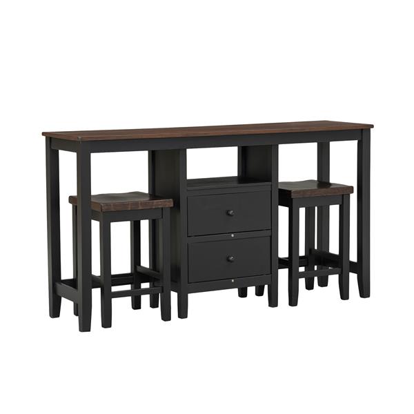 Farmhouse Rustic 3-piece Counter Height Wood Dining Table Set with Cabinet,2 Storage Drawers and 2 Stools for Small Places,Black+Cherry