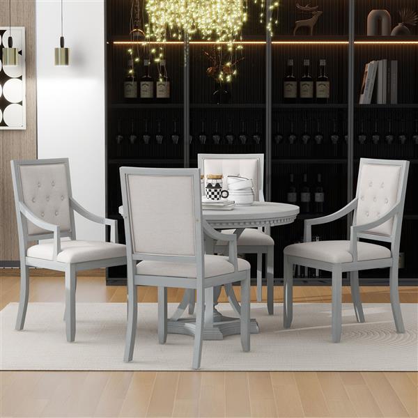 Retro 5-piece Dining Set Extendable Round Table and 4 Chairs for Kitchen Dining Room(ANTIQUE GRAY OAK)