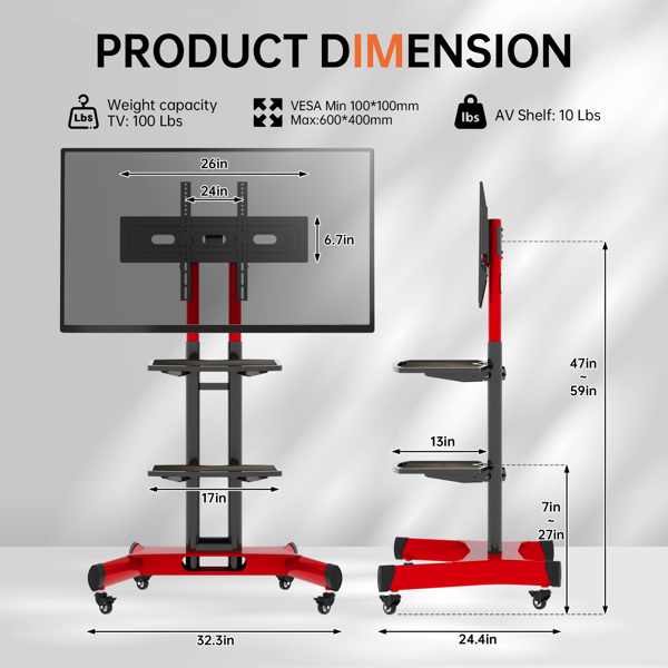 Universal Swivel TV Stand for 32–80 inch TVs, Height Adjustable Table Top TV Stand Mount with Tilt, Max VESA 600x400mm (Red) 