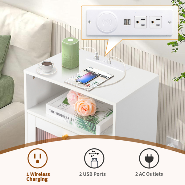 FCH White Hemp Surface Particle Board Changhong Glass 40*35*60cm 2 Drawers 1-Layer Bedside Table Wireless Charging + 2 USB + 2 sockets Light Strip RGB 16 Colors