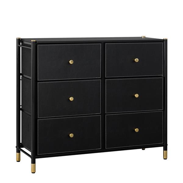 Drawer Dresser,Tall Dresser with 6 PU Leather Front Drawers, Storage Tower with Fabric Bins, Double Dresser, Chest of Drawers for Closet, Living Room, Hallway, Children's Room, color:Black