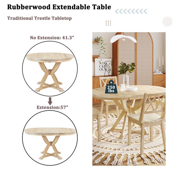 Mid-Century 5-Piece Extendable Round Dining Table Set with 15.7" Removable Leaf and 4 Cross Back Dining Chairs, Natural