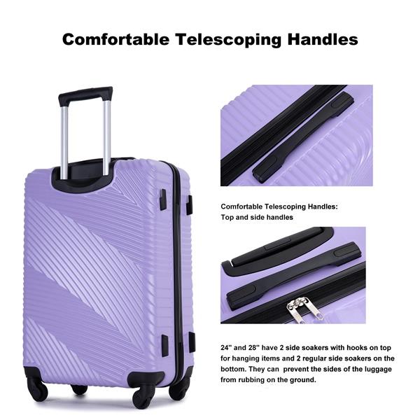 3 Piece Luggage Sets PC+ABS Lightweight Suitcase with Two Hooks, Spinner Wheels, (20/24/28) Light Purple