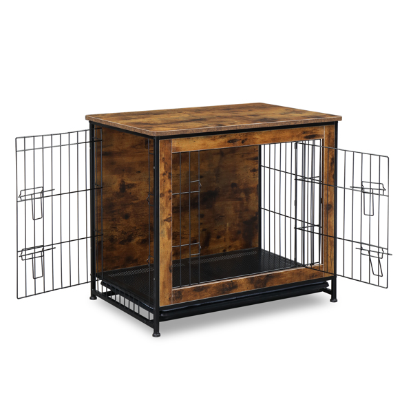 Dog Crate Furniture with Cushion, Wooden Dog Crate Table, Double Doors Dog Furniture, Indoor Dog Kennel, Dog House, Dog Cage, Rustic Brown