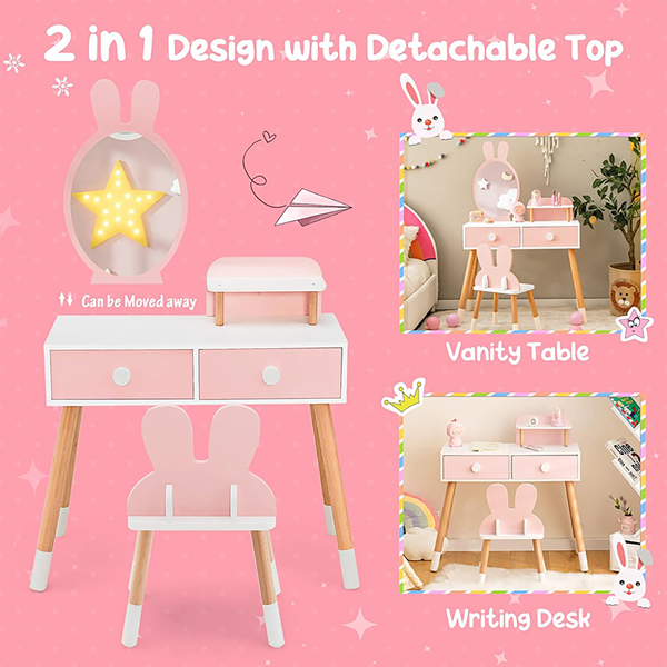 Kids Vanity Set, Girls Vanity Set with Mirror & Stool, 2 Large Drawers, Storage Shelf, Wooden Princess Makeup Dressing Table, Pretend Play Vanity Table Chair Set for Toddlers (Pink) 