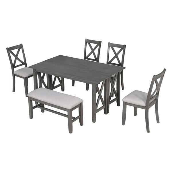 6-Piece Family Dining Room Set Solid Wood Space Saving Foldable Table and 4 Chairs with Bench for Dining Room (Gray)