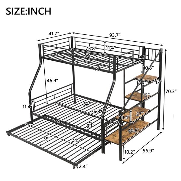 Twin over Full Size Metal Bunk Bed with Trundle and Storage Staircase, Black