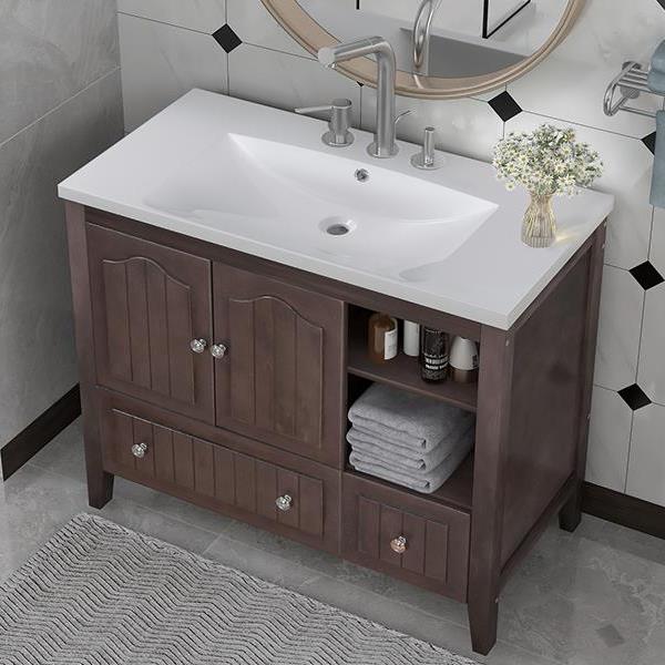 [VIDEO] 36" Bathroom Vanity with Ceramic Basin, Bathroom Storage Cabinet with Two Doors and Drawers, Solid Frame, Metal Handles, Brown