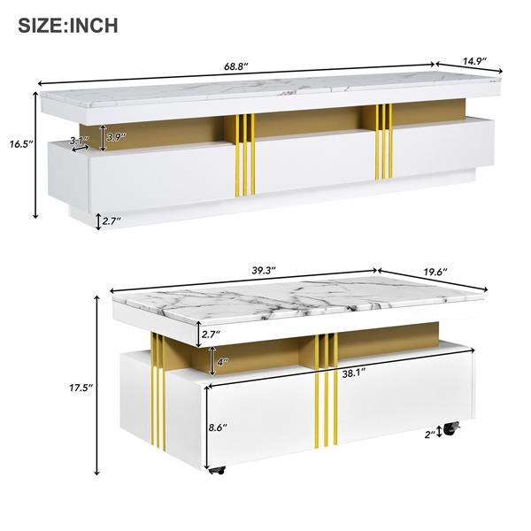 Modern Luxury TV Stand and Coffee Table Set of 2, High Gloss Faux Marble Top, TV Stand for TVs Up to 78'', Rectangle Coffee Table with Caster Wheels for Living Room, White