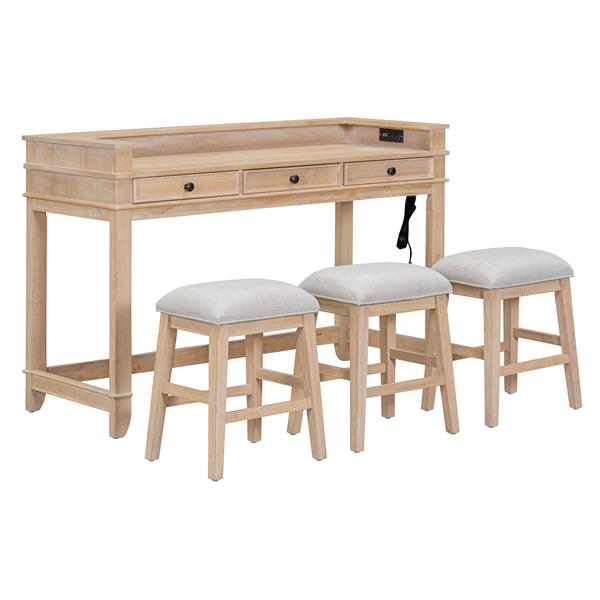 4-piece Dining Bar Table Set with 3 Upholstered Stools, Multifunctional Dining Table with 3 Drawers (Natural Wood Wash)