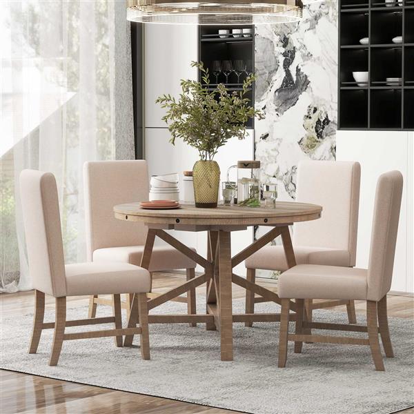 5-Piece Retro Functional Dining Set with Extendable Round Table with Removable Middle Leaf and 4 Upholstered Chairs for Dining Room and Living Room (Natural Wood Wash)