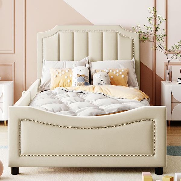 Twin Size Upholstered Daybed with Classic Stripe Shaped  Headboard, Beige