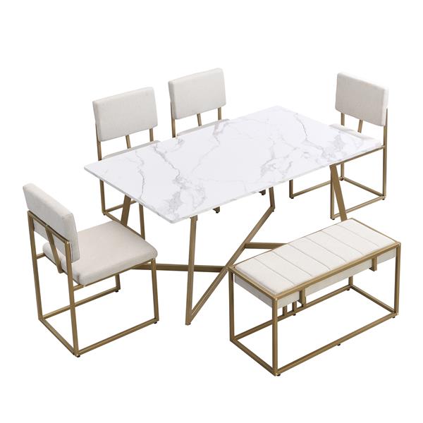 Modern Faux Marble 6-Piece Dining Table Set,60inch Metal Kitchen Table Set with Upholstered Dining Chairs and Bench, Golden