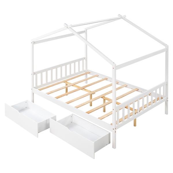 Full Size House Platform Bed with Two Drawers,Headboard and Footboard,Roof Design,White