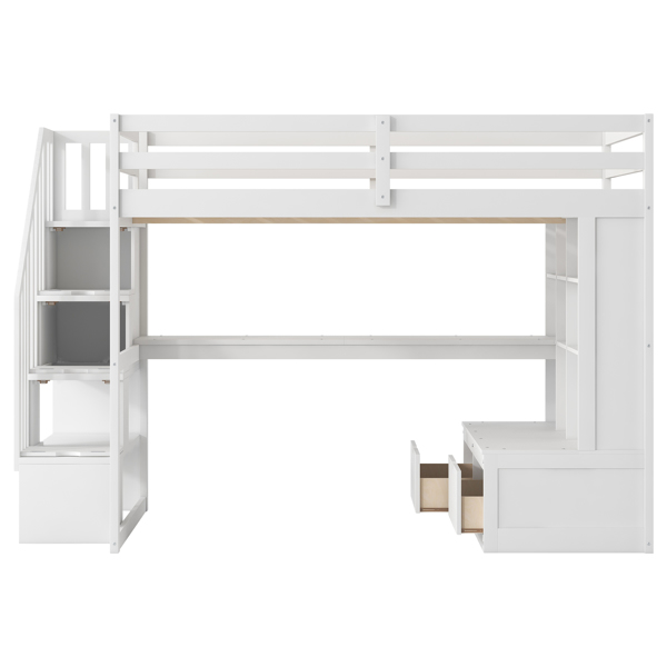 Full Size Loft Bed with Desk and Shelves, Two Built-in Drawers, Storage Staircase, White 