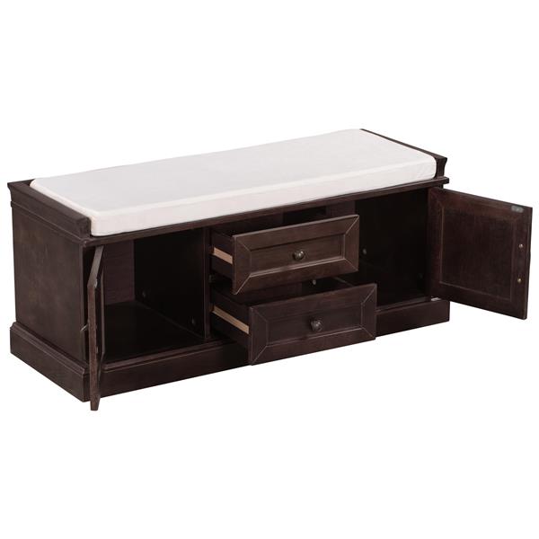 Storage Bench with 2 Drawers and 2 Cabinets, Shoe Bench with Removable Cushion for Living Room, Entryway (Espresso)