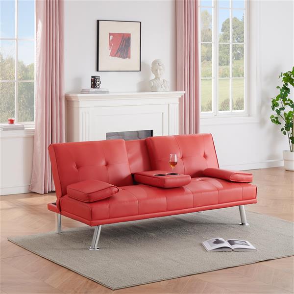 67" Red Leather Multifunctional Double Folding Sofa Bed for Office with Coffee Table