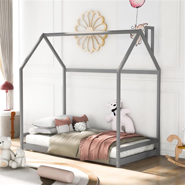 Twin Size House Bed Wood Bed, Gray