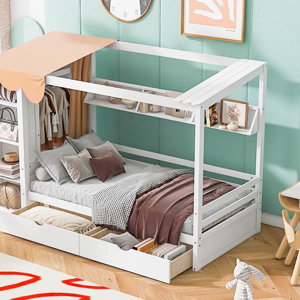 Twin size House Bed with Two Drawers and Wardrobe,White