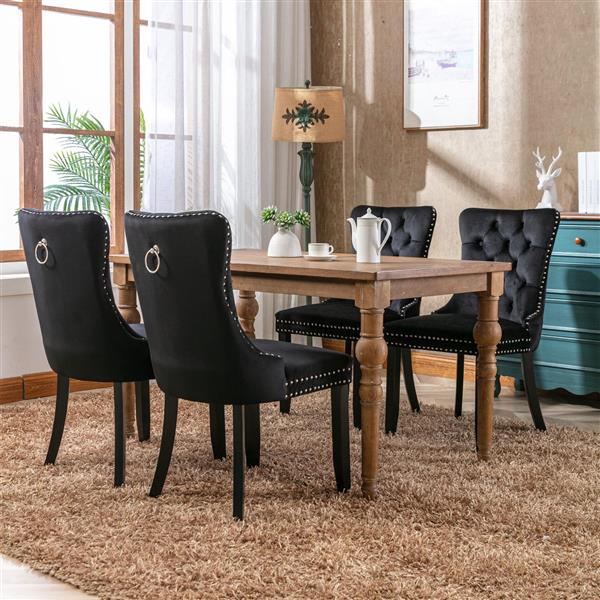 Modern, High-end Tufted Solid Wood Contemporary Velvet Upholstered Dining Chair with Wood Legs Nailhead Trim 2-Pcs Set, Black