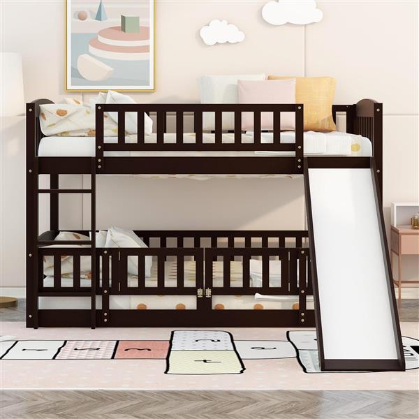 Bunk Bed with Slide,Twin Over Twin Low Bunk Bed with Fence and Ladder for Toddler Kids Teens Espresso