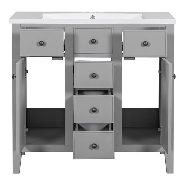 36" Bathroom Vanity with Ceramic Basin, Two Cabinets and Five Drawers, Solid Wood Frame, Grey