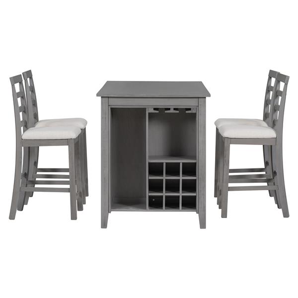 5-Piece Multi-Functional Rubber Wood Counter Height Dining Set with Padded Chairs and Integrated 9 Bar Wine Compartment, Wineglass Holders for Dining Room (Gray)