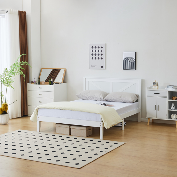 Full Size Solid Wood Platform Bed Frame with Headboard White