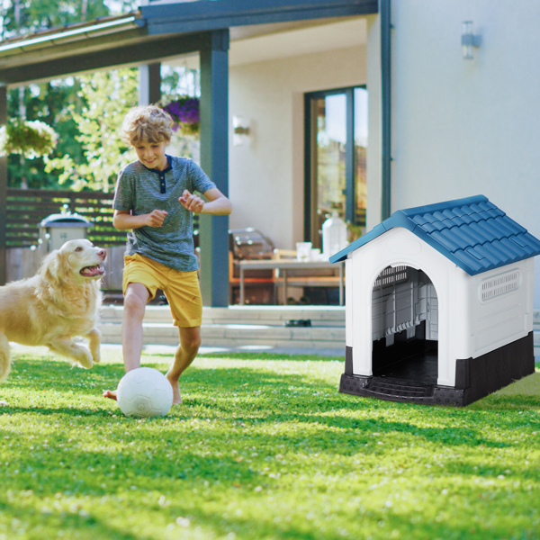 26 inch Plastic Dog House, Indoor Outdoor Doghouse Pet House with Air Vents and Elevated Floor, Insulated Water Resistant Puppy Shelter Kennel for Small Dogs, Blue & White