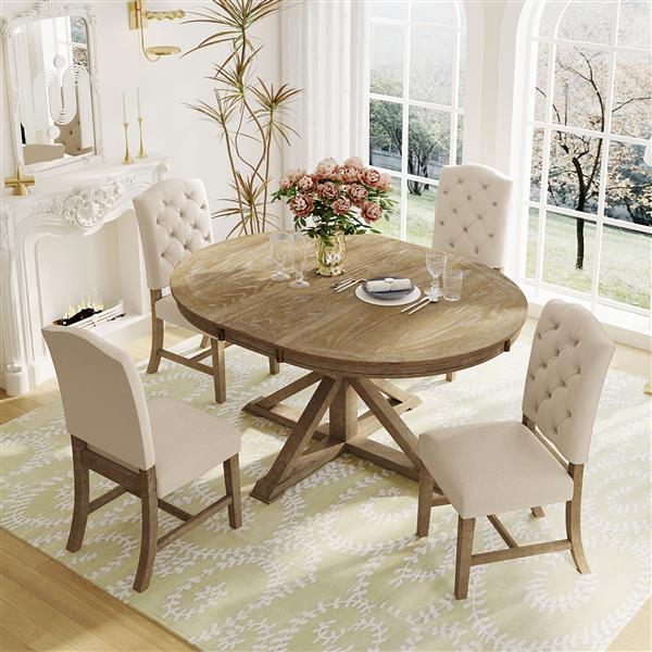 Functional Furniture Retro Style Dining Table Set with Extendable Table and 4 Upholstered Chairs for Dining Room and Living Room(Natural Wood Wash)