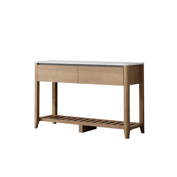 47 Inch Modern Farmhouse Double Drawers Console Table for Living Room or Entryway, Tobacco Wood and White Marble Texture