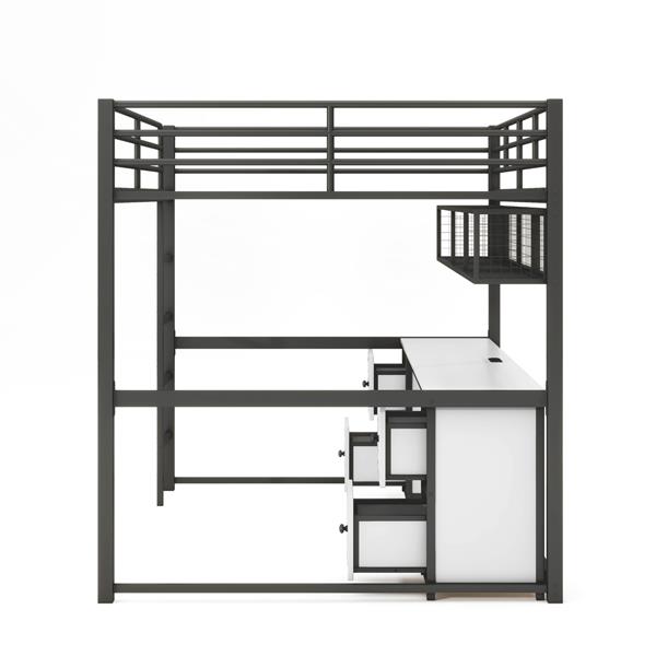 Full Size Metal Loft Bed with Desk, Drawers and Bedside Tray, Charging Station, USB and socket