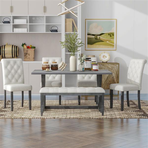 6-Piece Retro Rectangular Dining Table Set, Table with Unique Legs and 4 Upholstered Chairs & 1 Bench for Dining Room and Kitchen (Gray Wash)