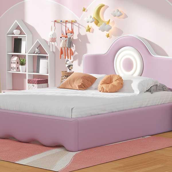 Full Size Upholstered Platform Bed with LED Headboard, Pink