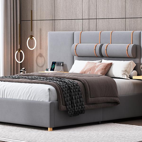 Full size upholstered platform bed with two outlets and USB charging ports on both sides, two bedside pillows, storage shelf, Gray