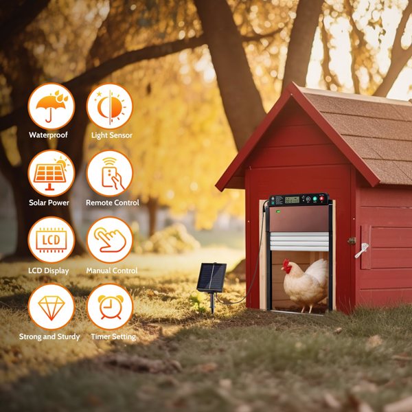 Automatic Chicken Coop Door SolarPowered Chicken Door LCD Displayand Roll-up Door Anti-pinch FeatureChicken Coop Door Solar Powered Chicken Door Opener