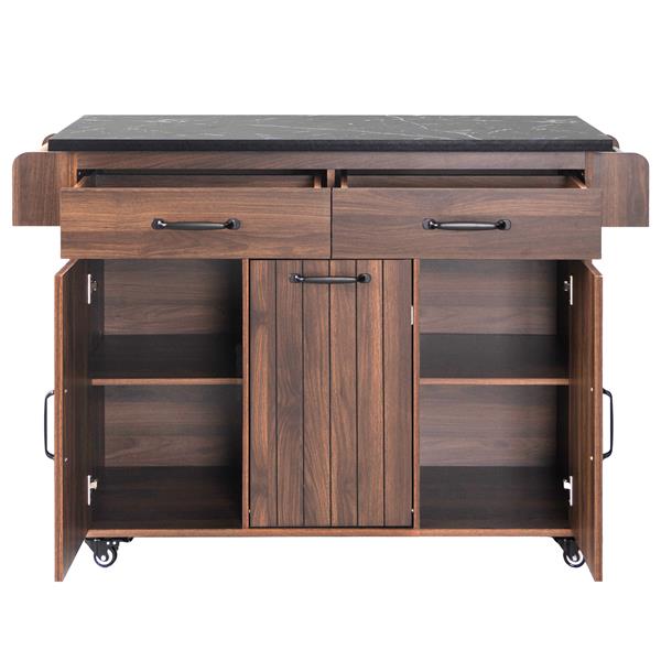 Kitchen Island with Trash Can Storage Cabinet, Kitchen Cart with Drop Leaf, Spice Rack, Towel Rack and Drawer, Rolling Kitchen Island on Wheels with Adjustable Shelf, Walnut Brown