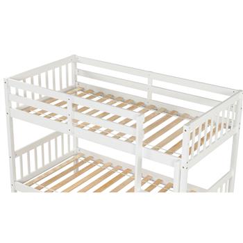 Twin Over Twin Bunk Beds with Trundle, Solid Wood Trundle Bed Frame with Safety Rail and Ladder, Kids/Teens Bedroom, Guest Room Furniture, Can Be converted into 2 Beds, White