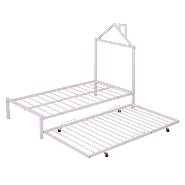 Twin Size Metal Platform Bed with twin size trundle,House-Shaped Headboard Design, Pink