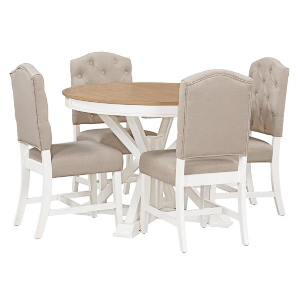 Functional Furniture Retro Style Dining Table Set with Extendable Table and 4 Upholstered Chairs for Dining Room and Living Room (Oak Natural Wood + Off White)